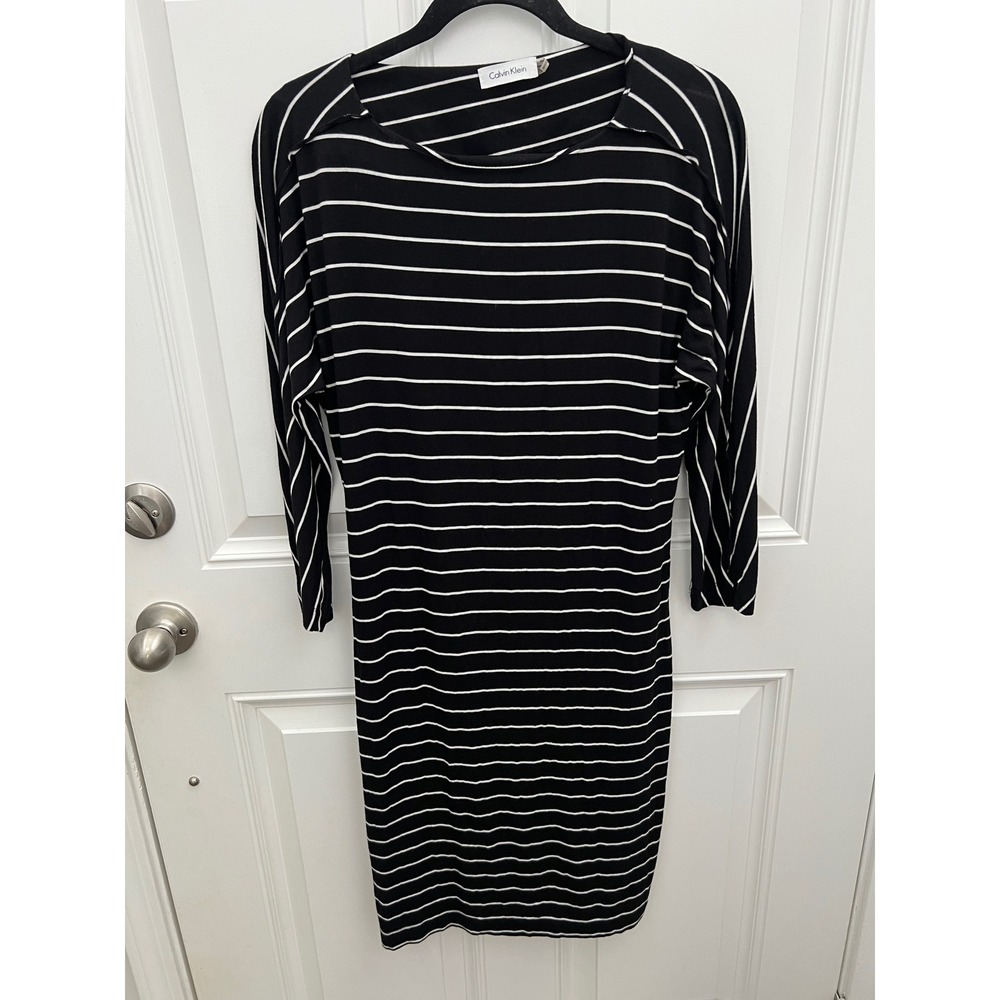Calvin Klein Womens Black White Striped Boat Neck Dolman Sleeve Sheath Dress 6